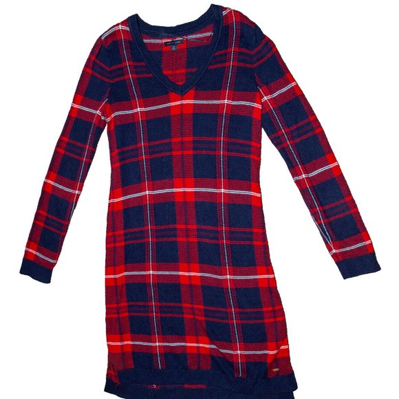 Tommy Hilfiger Red Blue Plaid Wool Blend Sweater Dress Women's Size Small S - Picture 2 of 4